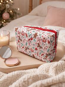 Christmas Quilted Makeup Bag, Festive X‑Mas Print Zipper Cosmetic Pouch, Portable Travel Toiletry Storage Bag For Holiday Gift - Multicolor - View 3