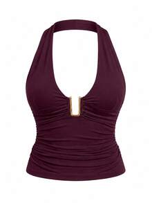 Women's Halter Deep V Metal Splice Backless Pleated Cropped Camisole, Suitable For Daily, Commute, Date, Vacation, Valentine's Day Casual Summer - Red Violet - View 4