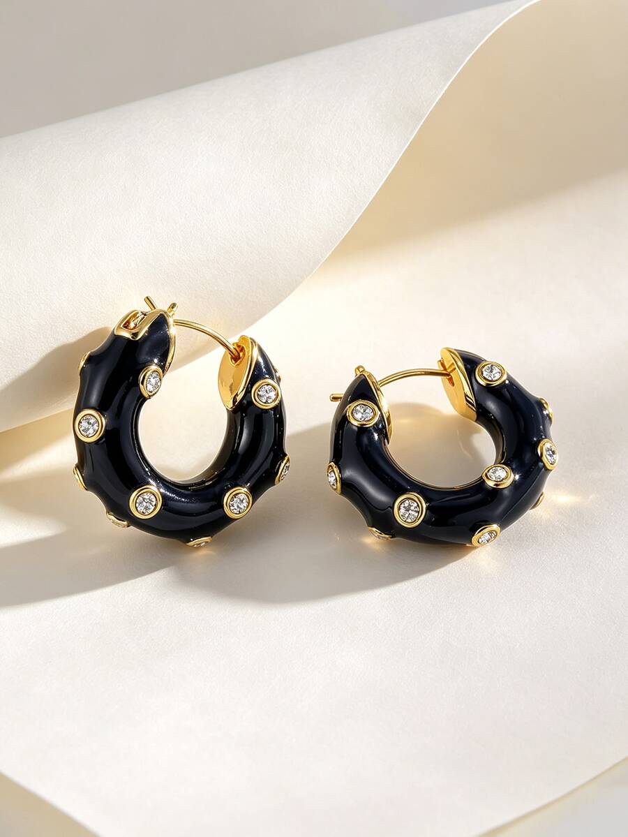 Charm-In 18K Gold Plated Copper Huggie Hoop Earrings For Women, Black Enamel Inlaid Crystal Chunky Earrings, Versatile For Daily Office Party Jewelry - Gold - View 1