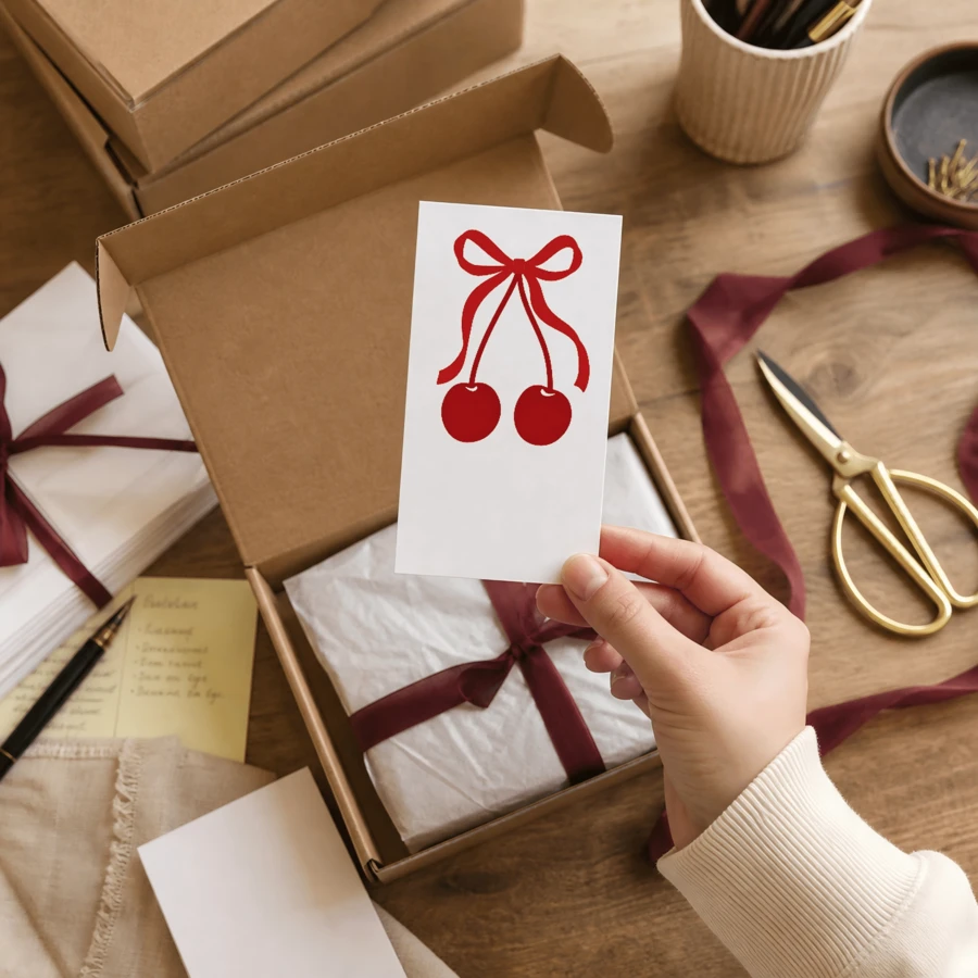 Cherry Bow Blank Message Cards, White Writable Paper Cards With Cute Red Ribbon Design, Suitable For Wedding Favors, Gift Boxes, Gift Bags, Birthday Parties, Baby Showers, Thank You Cards, Small Business Packaging And Holiday Gift Wrapping - View 1