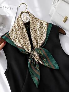1pc Versatile Practical Green Vacation Casual Chain Print Silk Scarf Square - Green - View 6
