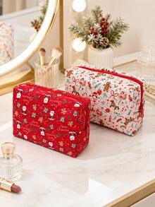 Christmas Quilted Makeup Bag, Festive X‑Mas Print Zipper Cosmetic Pouch, Portable Travel Toiletry Storage Bag For Holiday Gift - Multicolor - View 1