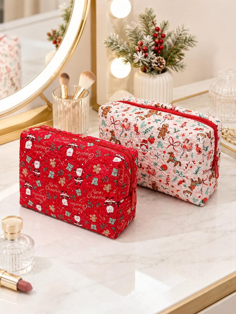 Christmas Quilted Makeup Bag, Festive X‑Mas Print Zipper Cosmetic Pouch, Portable Travel Toiletry Storage Bag For Holiday Gift - Multicolor - View 1