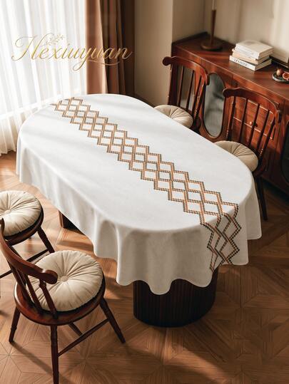 HXARTMIS 1 pieza Mantel ovalado con bordado geométrico, textura de lino sintético, tela decorativa para mesa de comedor del hogar, adecuado para el hogar, la cocina, decoración de estilo campestre