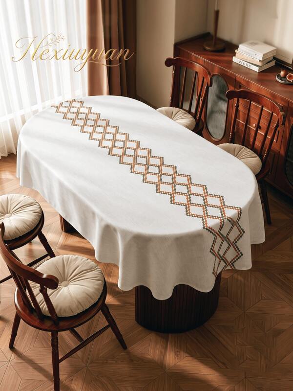 HXARTMIS 1 pieza Mantel ovalado con bordado geométrico, textura de lino sintético, tela decorativa para mesa de comedor del hogar, adecuado para el hogar, la cocina, decoración de estilo campestre