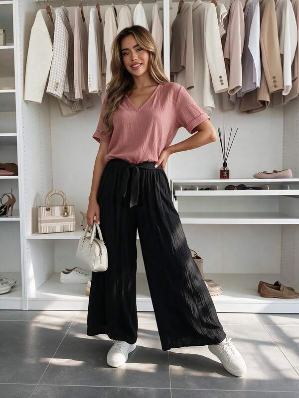 Women's Fashion V-Neck Pleated Linen Short Sleeve T-Shirt, Summer Loose Slimming Roll-Up Sleeve Casual Comfortable Breathable Minimalist Tee For Vacation, Commute, Daily Wear