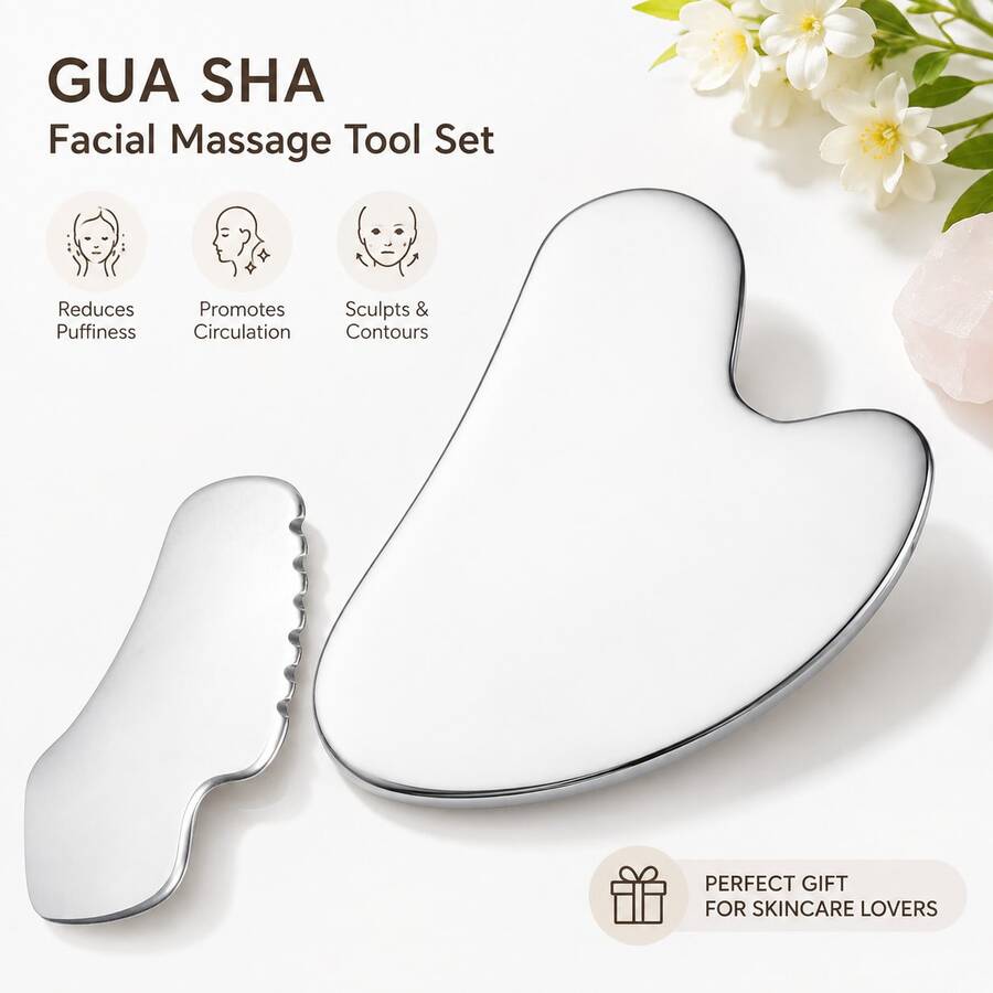 LUSLUKING Stainless Steel Gua Sha Tool, Skin-Tightening Massage And Beauty Scraper For Body, Eye, And Neck Massage,. Skincare Gift (Silver) - Multicolor - View 1