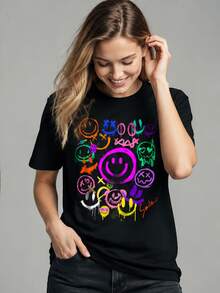 Lokale Lager,Marque,Smile Face Emoticons Fun Vivid Graffiti  Face Graphic T-Shirt - 黑色 - 查看 4