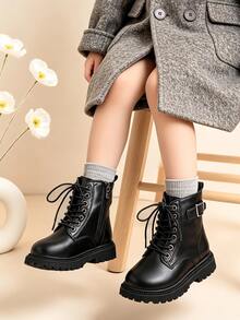 1 Pair Kids' Minimalist Round Toe Boots, Side Zipper Cargo Style Style Ankle Boots, Suitable For Daily Wear, Outdoor Activities, All-Season Versatile - Black - View 2