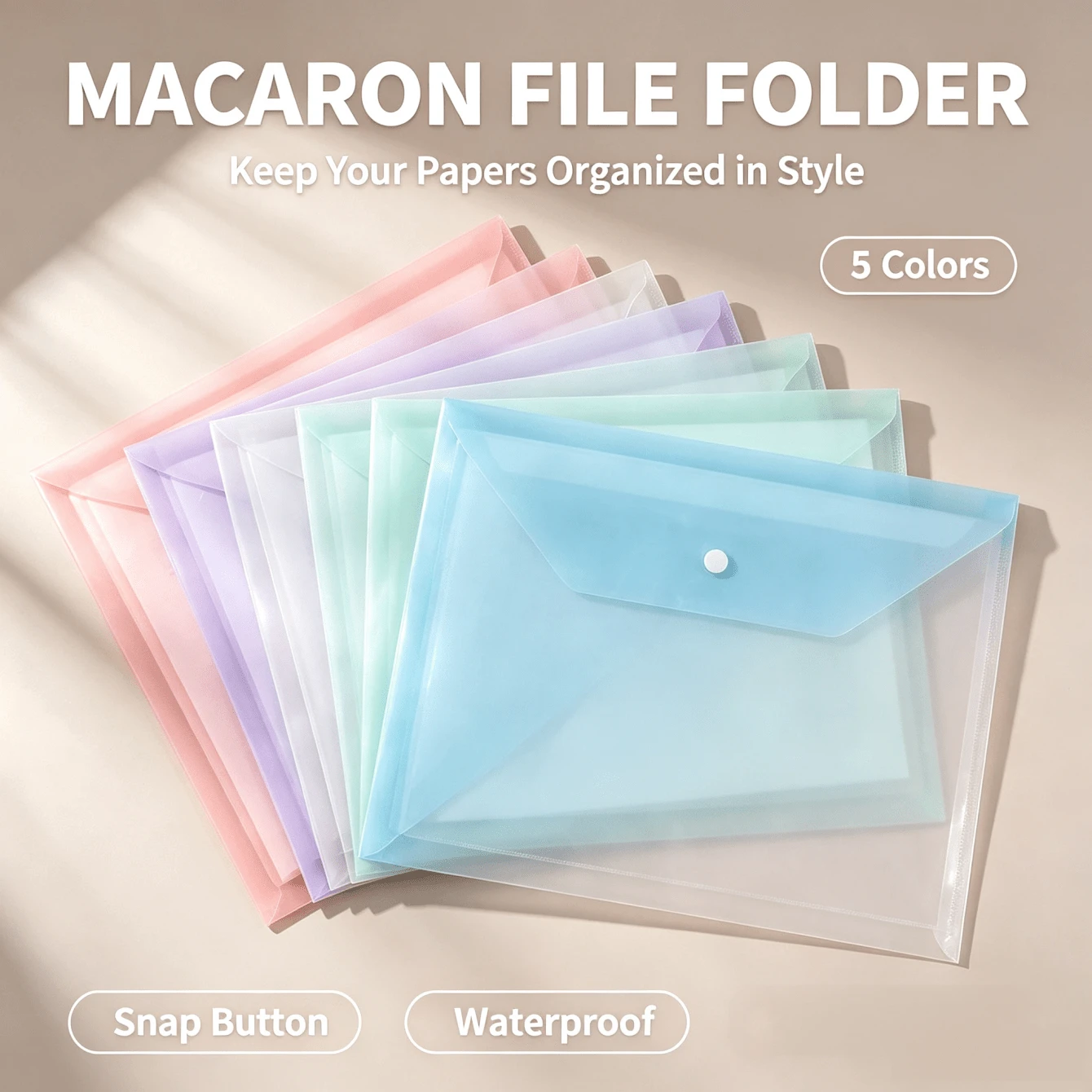 Multi‑Pack Macaron Color A4 Snap Button File Folders, Waterproof Translucent PP Document Pouch, Large Capacity Paper Organizer For Back To School Student Office Supplies - A - View 1