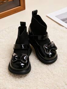 1 Pair Children's Mary Jane Patchwork Sock Boots, Cute Bow Decor Elastic Knitted Ankle Boots, Suitable For School And Outdoor Play, Suitable For Autumn/Winter - Black - View 4