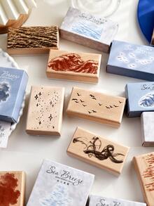 Wooden Rubber Stamp With Wave And Seagull Pattern, Decorative Wooden Stamp For Scrapbooking, Journaling, Diary, Handmade DIY Art Supplies - Single Piece - View 6