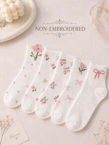 5雙（無刺繡）女款可愛蝴蝶結與花卉短襪，Ins時尚學院風，舒適柔軟、吸汗透氣，簡約百搭，適合日常、運動、休閒等多種場合，春夏秋四季皆可穿 - 彩色 - 查看 3