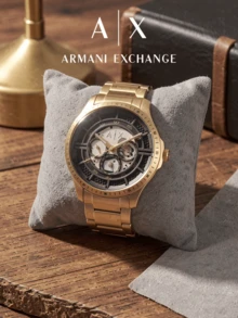Armani Exchange Men Quartz Chronograph Watch Gold‑Tone Stainless Steel Bracelet Black Skeleton Grid Dial 5ATM Water Resistant Wrist Watch AX2461 - Gold - View 8