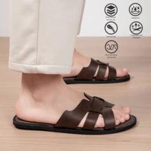 Men's Microfiber Leather Flat Slides Summer Non-Slip Rubber Sole Breathable Beach Sandals - Brown - View 6