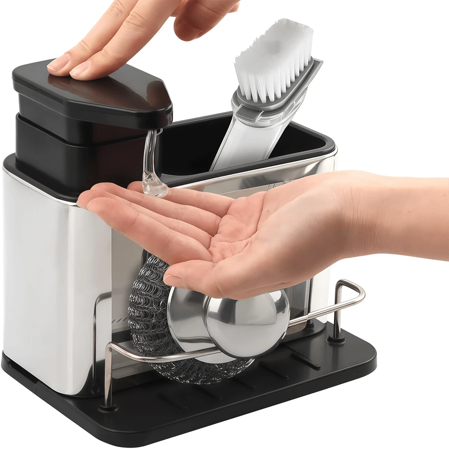 1pc Kitchen Sink Multi-Function Storage Rack 3-In-1 Dish Soap Dispenser Pump, Metal Countertop Organizer, Detachable Drain Base, Sponge Scrubber Steel Wool Pot Brush Storage Basket, Large Capacity Soap Dispenser, Space-Saving Sink Side Organizer, Easy To Disassemble And Rinse, Anti-Water Accumulation, Household Kitchen Cleaning Tool Storage Box - View 1