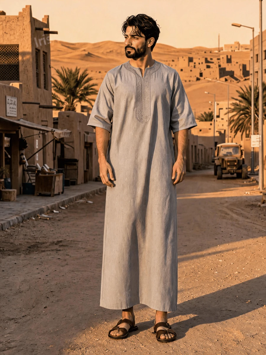 Middle Eastern Men's Embroidered Long Robe, Moroccan Men's Long Robe With Side Pockets, Islamic Men's Thobe - Light Grey - View 1