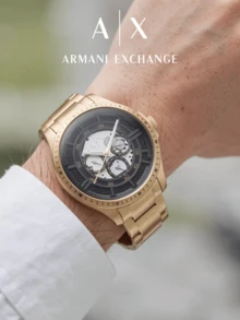 Armani Exchange Men Quartz Chronograph Watch Gold‑Tone Stainless Steel Bracelet Black Skeleton Grid Dial 5ATM Water Resistant Wrist Watch AX2461 - Gold - View 7