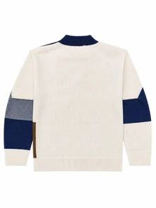 1pc Tween Girls INS Style High-End Contrast Color Patchwork Geometric Pattern Round Neck Long Sleeve Knit Sweater, Korean Loose Slouchy Pullover, Children Casual Fashion Versatile Knit Top, Skin-Friendly Soft Student Daily Outing Outfit, Autumn/Winter Essential - Blue - View 4