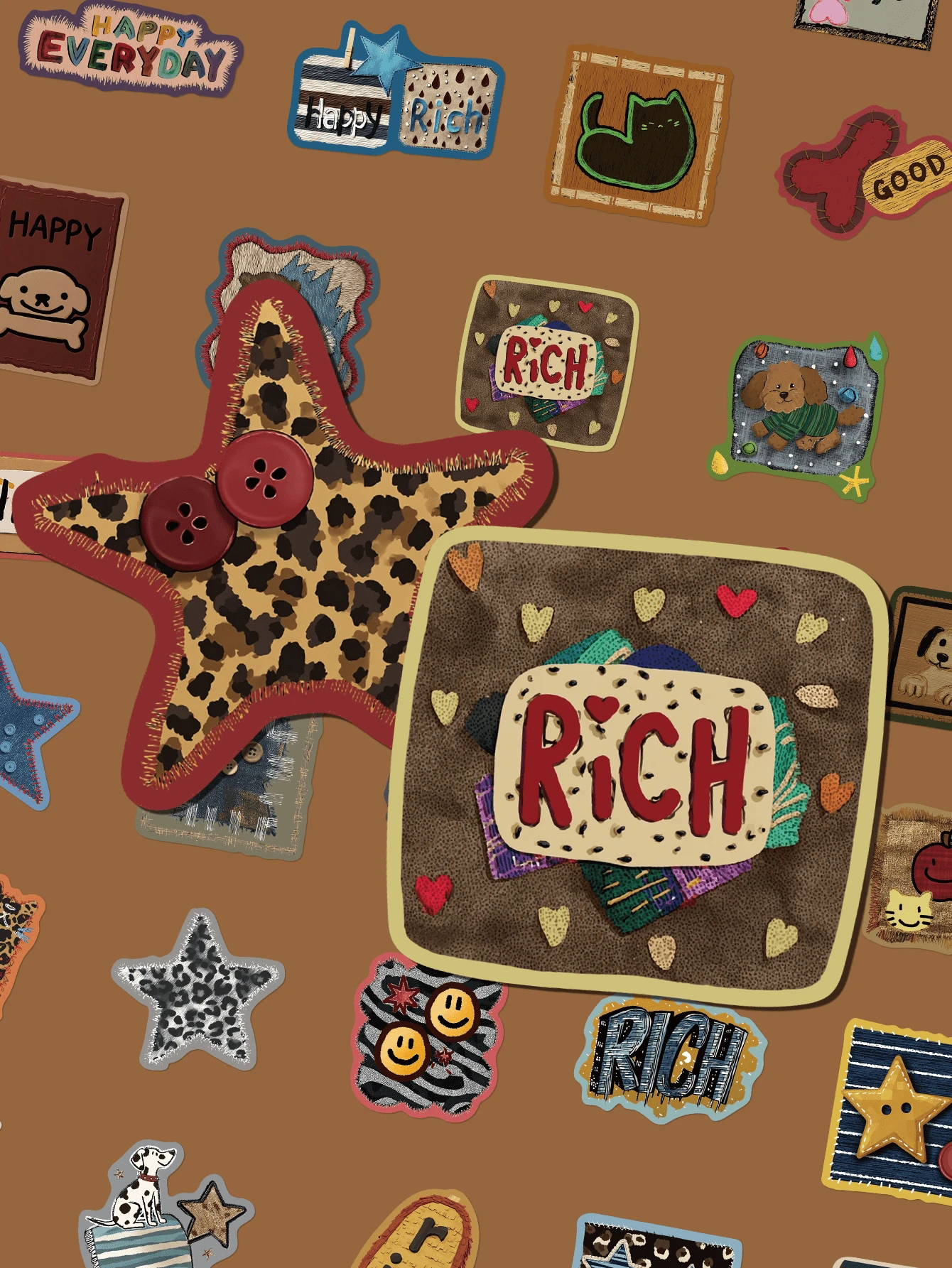 50pcs Vintage American Style Faux Embroidery Graffiti Stickers, Including Leopard Print, Stars, Cats, Dogs And Animal Elements, Suitable For Desktop, Water Bottle, Pen Holder, Scrapbook, Storage Box, Skateboard, Helmet And More, Personalized Decorative Stickers For Birthday Party Gifts - Multicolor - View 1