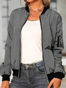 Women's Spring/Autumn Casual Fashion Baseball Collar Zipper Lightweight Jacket, Grey Coat, Basic Jacket - Grey - View 5