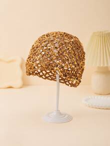 1pc Bohemian Style Sequin Crochet Knit Hat, Vintage Hollow Pendant Headscarf, Multi-Functional Hair Accessory For Vacation/Party/Daily Wear - Multicolor - View 9