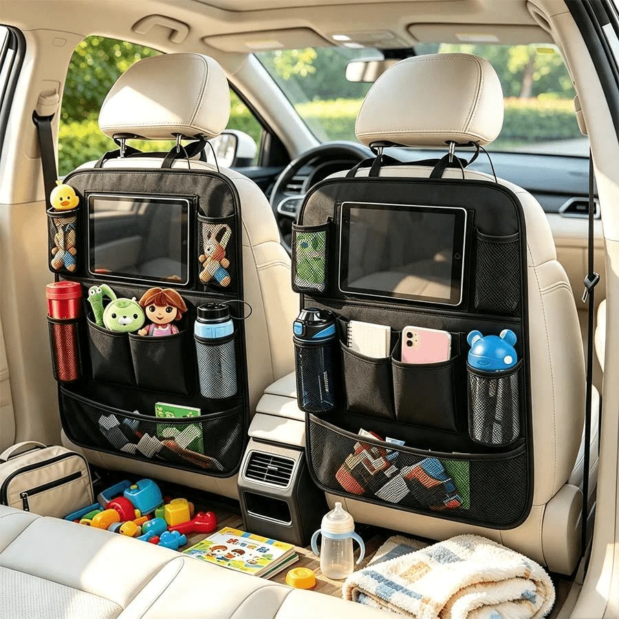2pcs Car Back Seat Organizer With 10-Inch Tablet Holder, 9 Storage Pockets, Waterproof Kick Mat Seat Back Protector, Suitable For Kids And Toddlers, Multi-Pocket Car Travel Storage Accessory - Multicolor - View 1