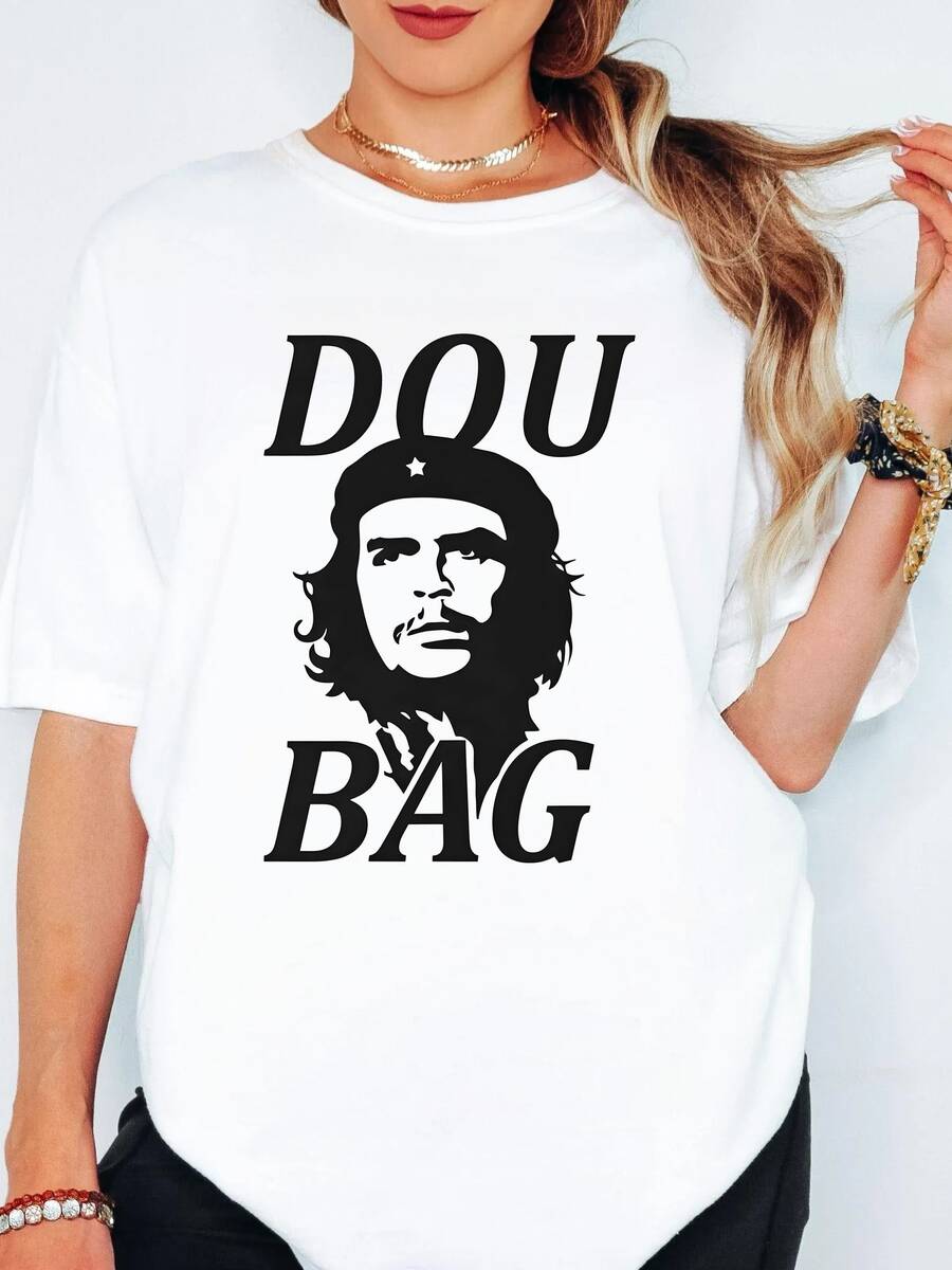 Che Guevara Silhouette With Dou Bag Lettering T Shirt, Bold Text Figure Print Casual Streetwear Short‑Sleeve Top. - 白色 - 查看 1