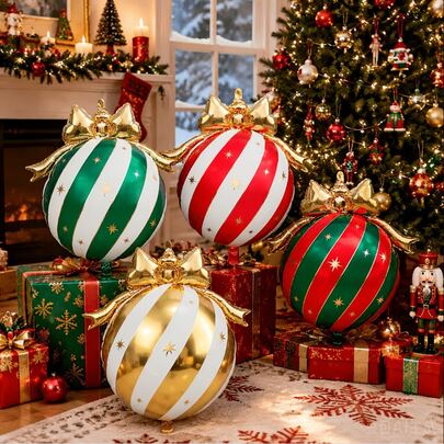 4pcs Christmas Bow Hanging Balls, Red/Green/Gold Multiple Colors Available, Create Festive Atmosphere, Well-Matched Colors, Suitable For New Year, Christmas Home Decor, Yard Decor, Party Decor, Create Christmas Mall Atmosphere Decor, Indoor Decor Atmosphere Arrangement