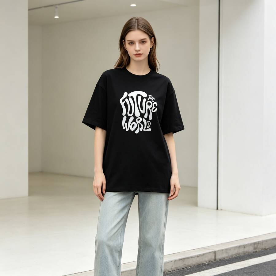 Printed Men's Short-Sleeve Shirt T Summer Round-Neck Cotton Shirt, Casual And Versatile, Suitable For Couples - 黑色1 - 查看 1