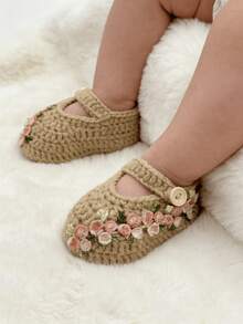 1 Pair Handmade Crochet Infant Shoes, Beige With Floral Embroidery, Mary Jane Style, Button Strap - Khaki - View 6