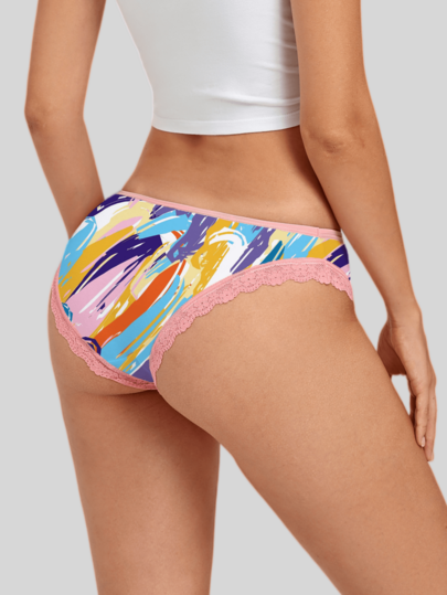 Dircho 1pc Women's Vibrant Abstract Print Lace Bikini Panties, Y2K Aesthetic Underwear For Halloween Party Daily Wear