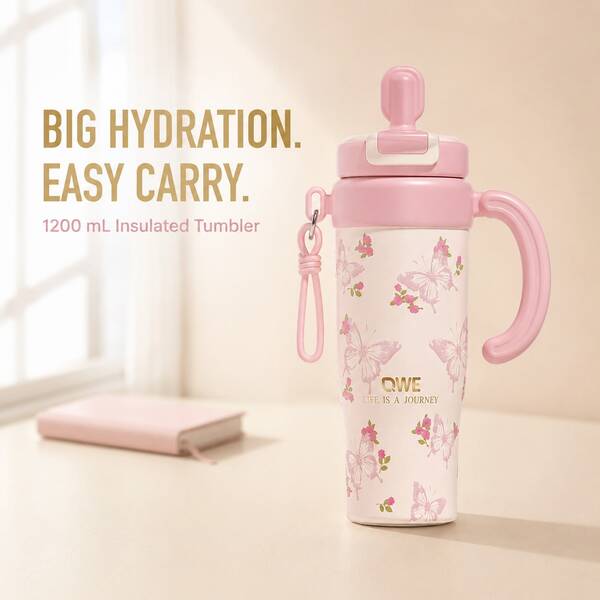 QWE 1200ml Ceramic-Lined Insulated Tumbler With Handle And Strap, Butterfly Floral Print Straw Cup, Leak-Proof Vacuum Insulated Water Bottle, Suitable For Hot And Cold Drinks, Portable Travel Cup, Ideal Gift For Girls And Students