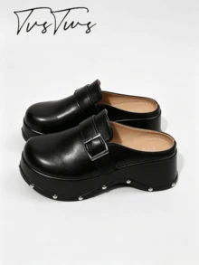 Women's Belt Buckle Rivet Thick Sole Closed Toe Mule Shoes, Platform Sole Backless Slip-On Perforated Half-Sling Sandals - Black - View 4