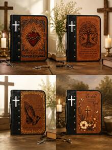 4 Designs Optional Sacred Heart Of Jesus Bible Cover Case For Men Women, Vintage Tree Of Life Praying Hands Cross Zippered Bible Carrying Bag With Handle, Church Study Organizer Gift - View 3