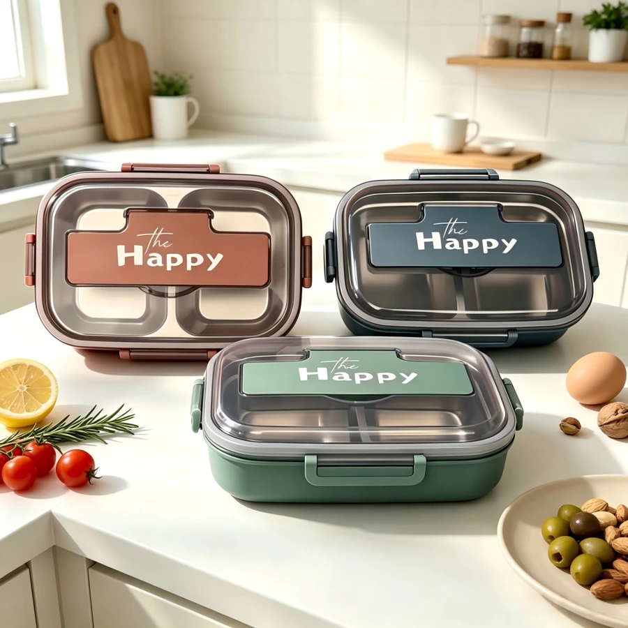 3-Compartment Large Capacity Stainless Steel Inner Liner High-End Minimalist Elegant Style Daily Happy Lunch Box/Bento Box Suitable For School/Work/Camping/Hiking/Business Trip - Purple - View 1