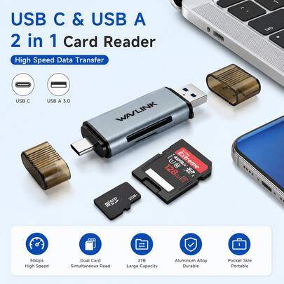 2-In-1 USB-C & USB 3.0 SD Card Reader, Dual Slot For SD/TF, UHS-I 104MB/S, Plug & Play For Laptops, Tablets, Phones