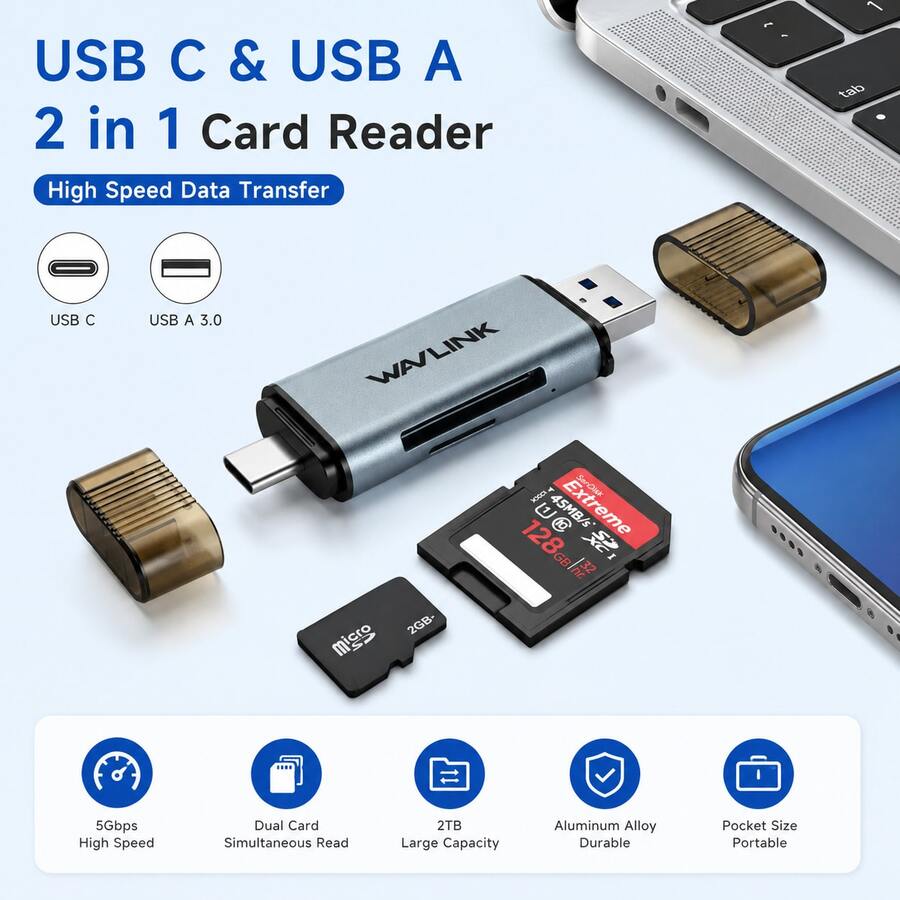 2-In-1 USB-C & USB 3.0 SD Card Reader, Dual Slot For SD/TF, UHS-I 104MB/S, Plug & Play For Laptops, Tablets, Phones - View 1