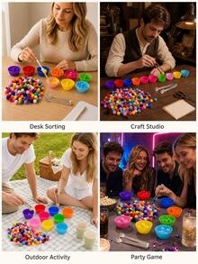 110pcs/10pcs - Colorful Pom Pom Sorting Game Set, Includes 9 Small Cups And 1 Hand-Shaped Tweezers, Suitable For DIY Color Matching Sensory, Fine Motor Skills Training Activities, Desktop Sorting Craft Kit, Party Games And Learning Tools - Multicolor - View 6