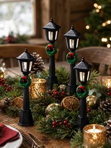 Mini Christmas Street Lamp Decoration With Green Wreath And Red Bow, Black Holiday Village Lamp Post Accessory, Suitable For Winter Snow Scene, Desktop Display, Dollhouse Landscape Decor, Holiday Home Decoration Set Prop - Miniature Street Light - View 3