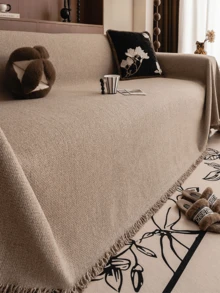 1pc Minimalist Solid Color All-Season Sofa Cover With Tassel Trim, Non-Slip Furniture Protector, Pet-Friendly Sofa Slipcover For 1/2/3/4 Seater And Sectional Sofas, Suitable For Living Room, Bedroom And Home Decor - Camel - View 8