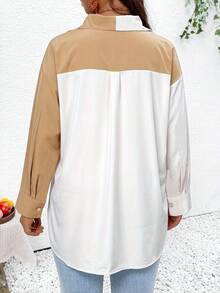 Women's Plus Size Long Sleeve Shirt, Single-Breasted Pocket Top, Contrast Color Design - Khaki - View 6