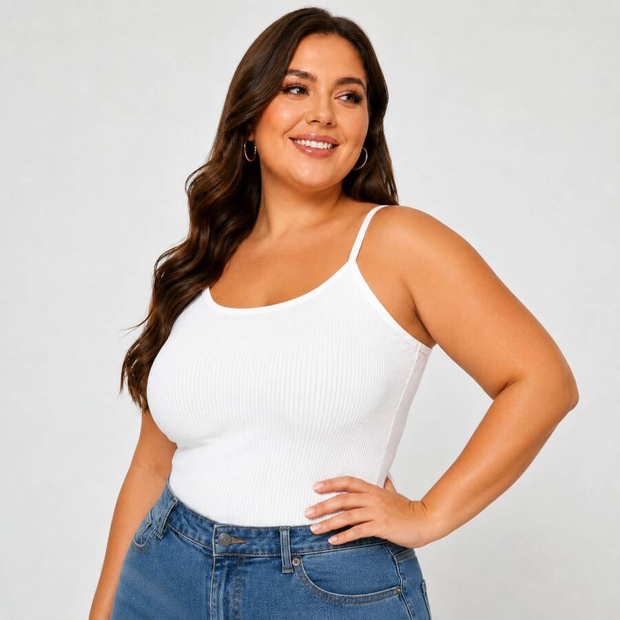 Basic Ribbed Spaghetti Strap Tank Top Plus Size - White - View 1