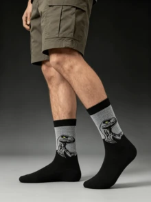 1/2 Pairs Men's Personalized Velociraptor Print Mid-Calf Socks, Fun Dinosaur Pattern Casual Socks, Creative Daily Wear Gift Socks, Cosplay Halloween Costume - Multicolor - View 11