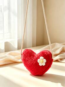 1pc Autumn/Winter Plush Heart Cute Shoulder Crossbody Bag Mini Flower Small Crossbody Bag - Plush - View 10