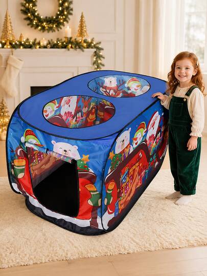 Children's Christmas Sleigh Foldable Tent Toy, Pop-Up Automatic Opening, Cartoon Santa Claus Polar Bear Penguin Pattern, Top Breathable Observation Window, Side Entry And Exit Door, Foldable Storage With Portable Bag, 110cm Large Space, Home Living Room Bedroom Playroom, Christmas Holiday Gift
