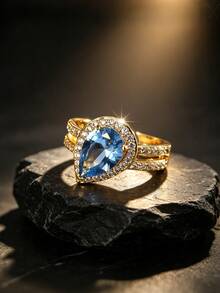 Copper Plated 18K Gold Women's Double Band Ring, Pear-Shaped Blue Cubic Zirconia Surrounded By White Cubic Zirconia, Simulated Aquamarine Luxury Elegant Jewelry, Suitable For Engagement, Evening Party, Wedding, Romantic Gift Ring For Women - Gold - View 1
