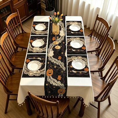Halloween Table Runner, Cute Ghost Pumpkin Lace And Spiderweb Pattern On Black, Printed Polyester Dining Table Decor For Kitchen, Party Or Mantel Styling, Halloween Gift, Reusable Seasonal Centerpiece With Vintage Gothic Look