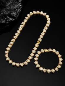 2pcs Heart-Shaped Rhinestone Tennis Chain Set, Heart-Shaped Rhinestone Necklace + Bracelet, Gold Hip-Hop Style Accessories, Niche Unisex Jewelry - Heart Necklace Set - View 9