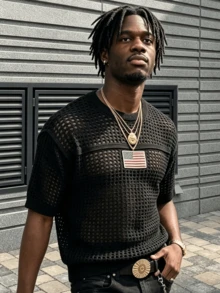 ANDREILEE Men's Knitted Top, Neutral Casual Street Style, American Flag Hollow Out Semi-Sheer Short Sleeve Loose Crew Neck Pullover T-Shirt, Spring/Summer - Black - View 1